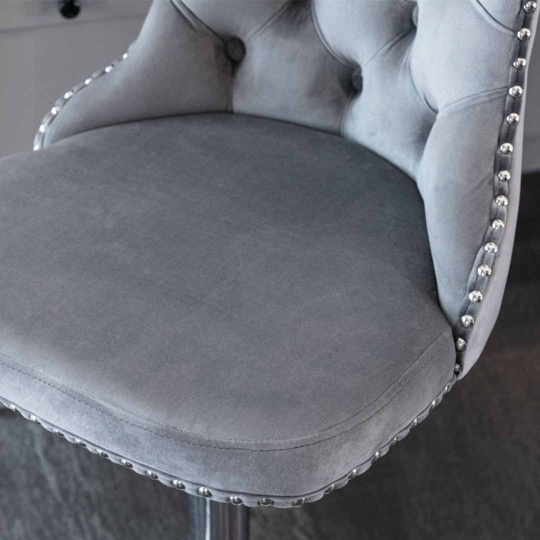 2x Height Adjustable Swivel Bar Stool Velvet Stud Barstool with Footrest and Chromed Base- Gray Does not apply