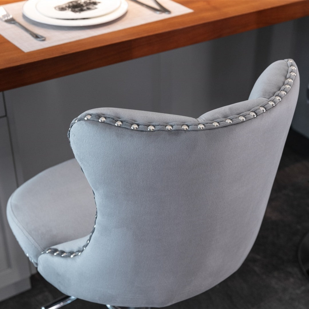 2x Height Adjustable Swivel Bar Stool Velvet Stud Barstool with Footrest and Chromed Base- Gray Does not apply