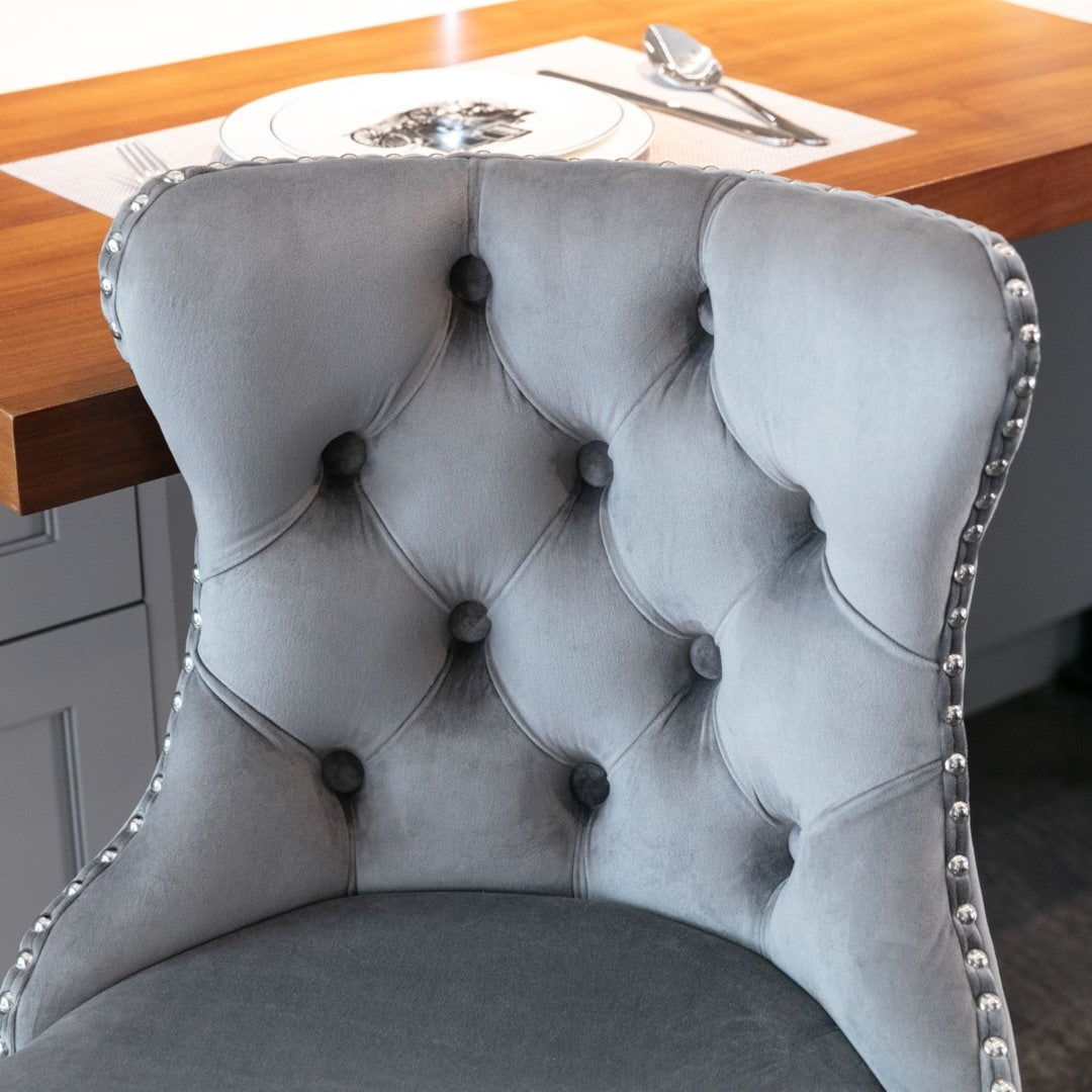 2x Height Adjustable Swivel Bar Stool Velvet Stud Barstool with Footrest and Chromed Base- Gray Does not apply