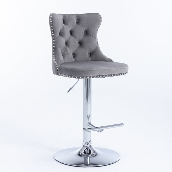 2x Height Adjustable Swivel Bar Stool Velvet Stud Barstool with Footrest and Chromed Base- Gray Does not apply