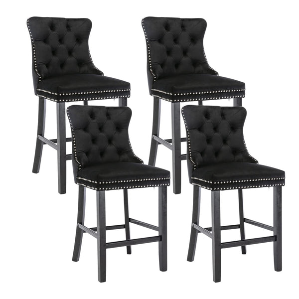 4X Velvet Bar Stools with Studs Trim Wooden Legs Tufted Dining Chairs Kitchen Does not apply