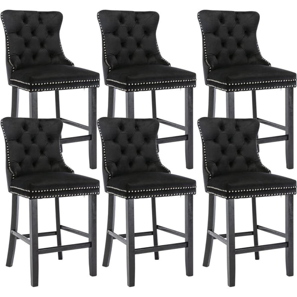 6X Velvet Bar Stools with Studs Trim Wooden Legs Tufted Dining Chairs Kitchen Does not apply