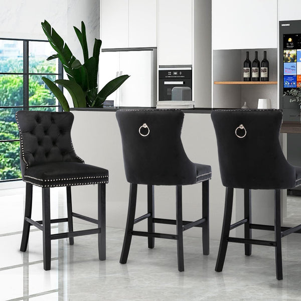6X Velvet Bar Stools with Studs Trim Wooden Legs Tufted Dining Chairs Kitchen Does not apply