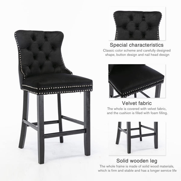 2X Velvet Bar Stools with Studs Trim Wooden Legs Tufted Dining Chairs Kitchen - Black Does not apply