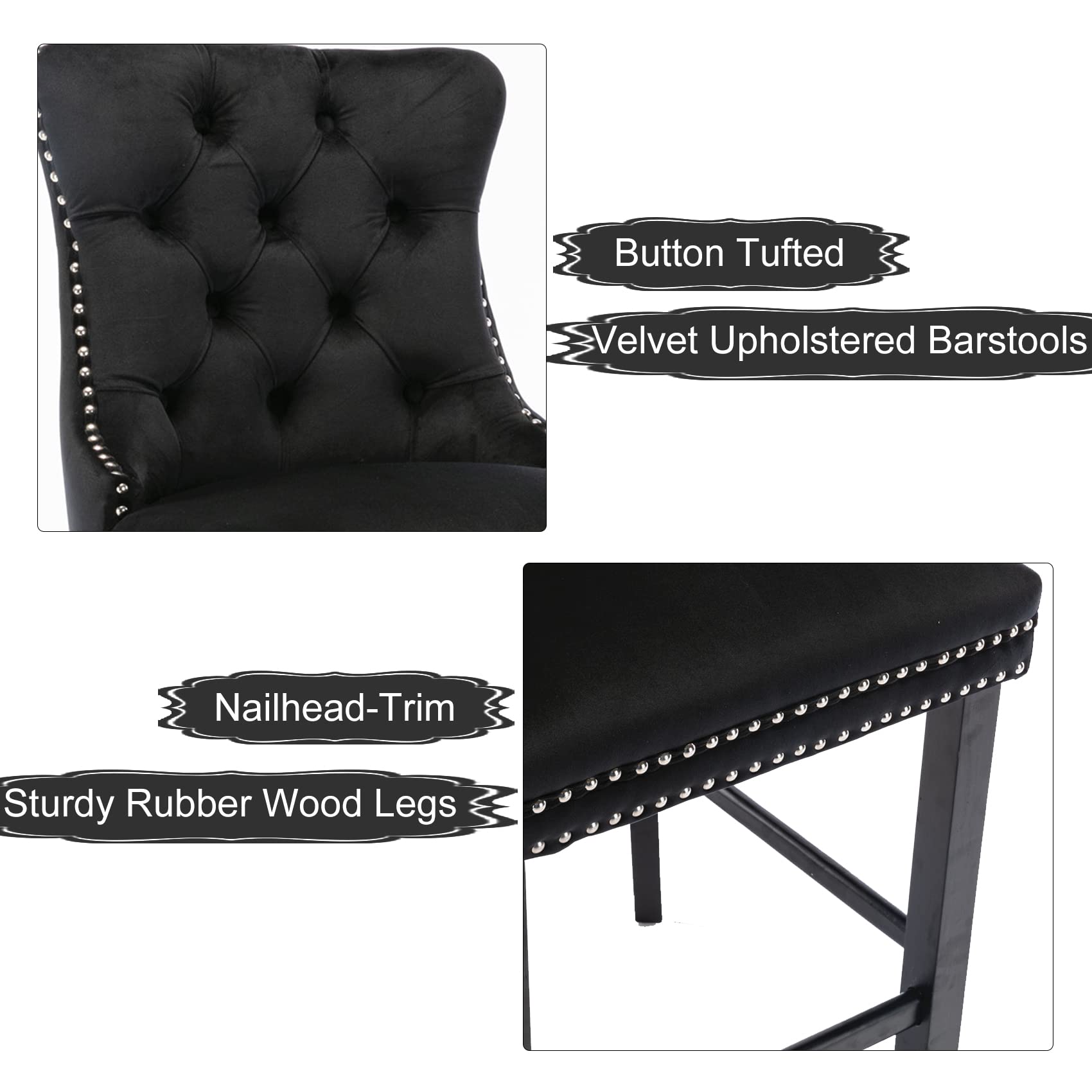 2X Velvet Bar Stools with Studs Trim Wooden Legs Tufted Dining Chairs Kitchen - Black Does not apply