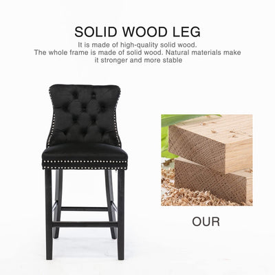 2X Velvet Bar Stools with Studs Trim Wooden Legs Tufted Dining Chairs Kitchen - Black
