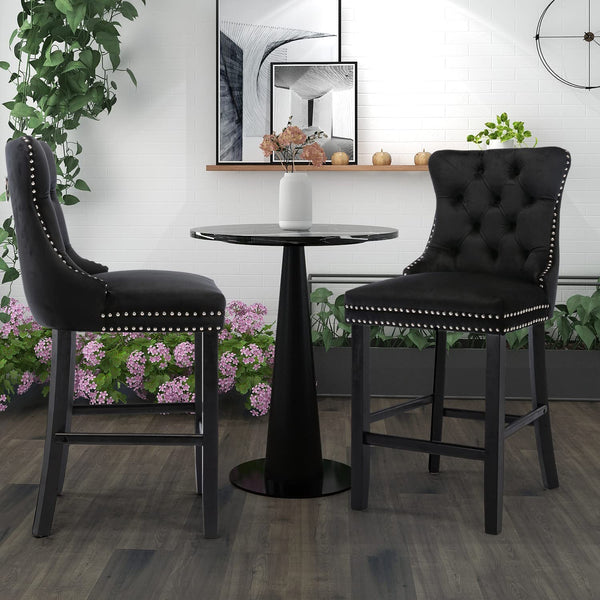 2X Velvet Bar Stools with Studs Trim Wooden Legs Tufted Dining Chairs Kitchen - Black Does not apply
