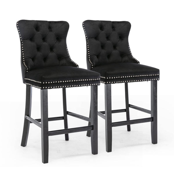2X Velvet Bar Stools with Studs Trim Wooden Legs Tufted Dining Chairs Kitchen - Black Does not apply