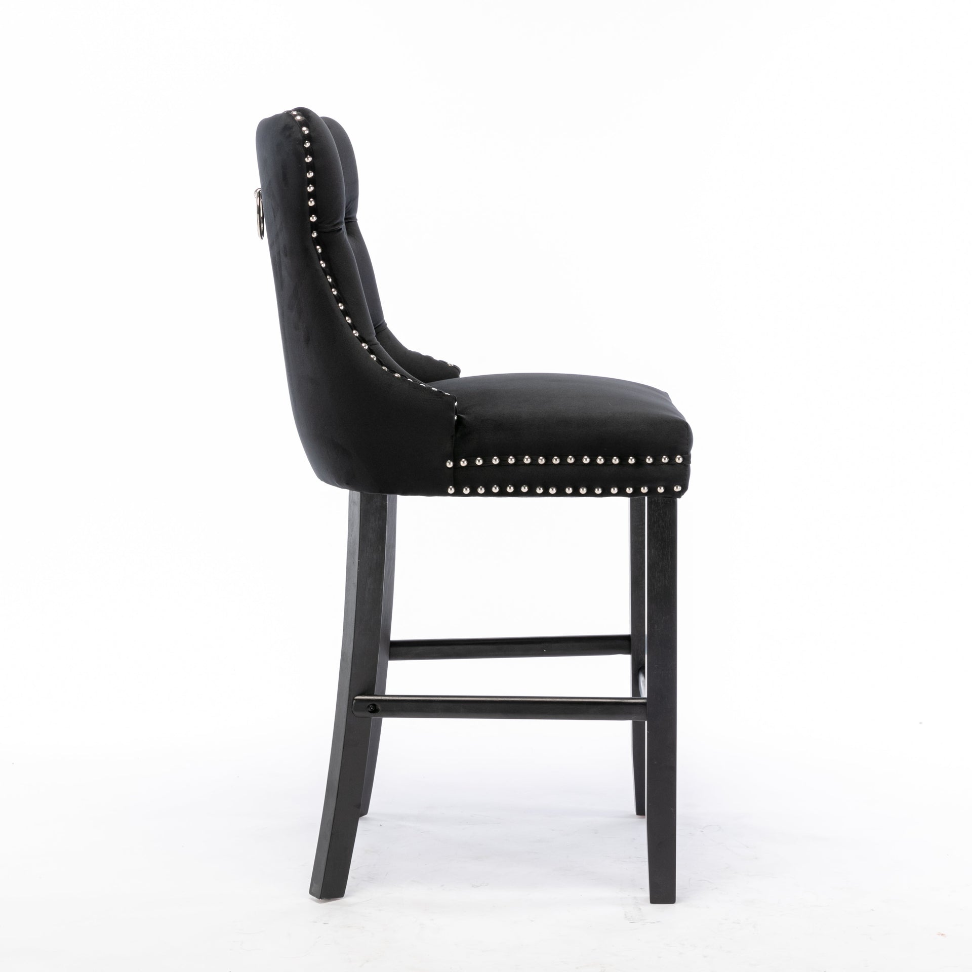 2X Velvet Bar Stools with Studs Trim Wooden Legs Tufted Dining Chairs Kitchen - Black Does not apply