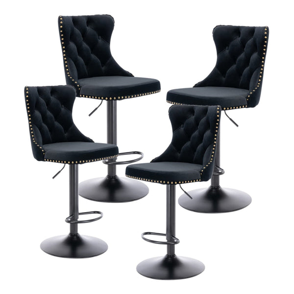 4x Height Adjustable Swivel Bar Stool Velvet Nailhead Barstool with Footrest Does not apply