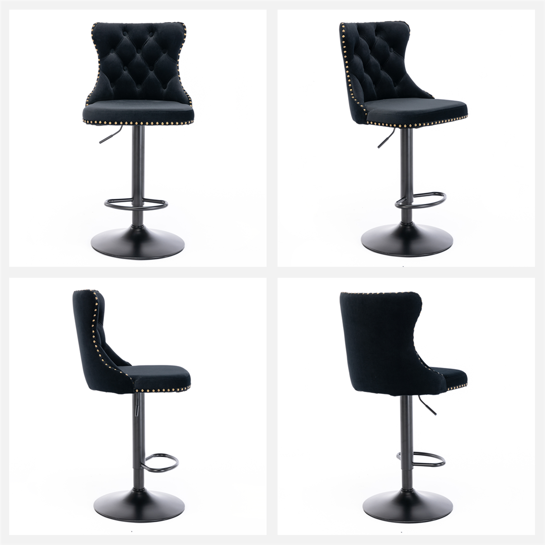 2x Height Adjustable Swivel Bar Stool Velvet Nailhead Barstool with Footrest Does not apply