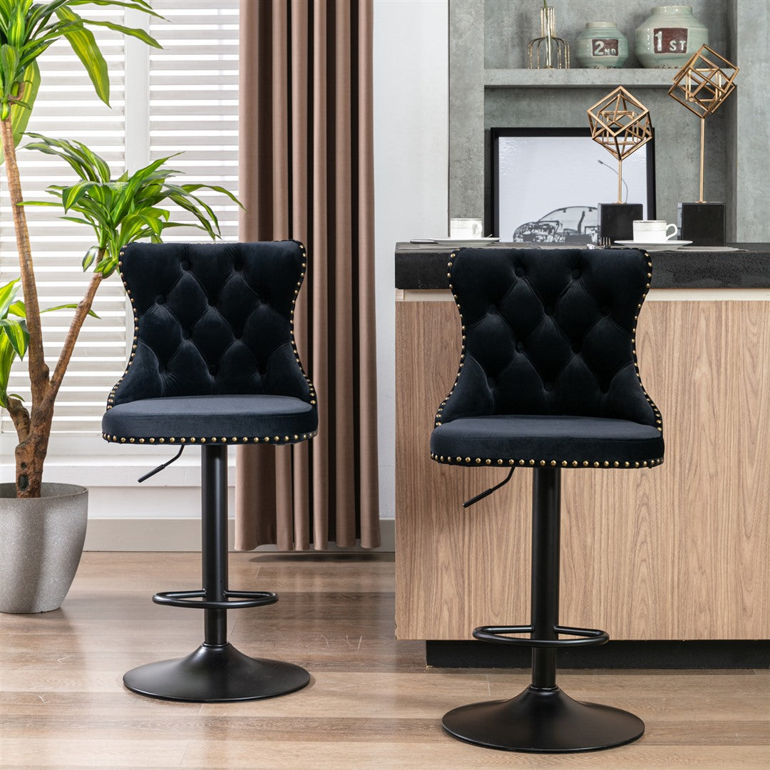 2x Height Adjustable Swivel Bar Stool Velvet Nailhead Barstool with Footrest Does not apply