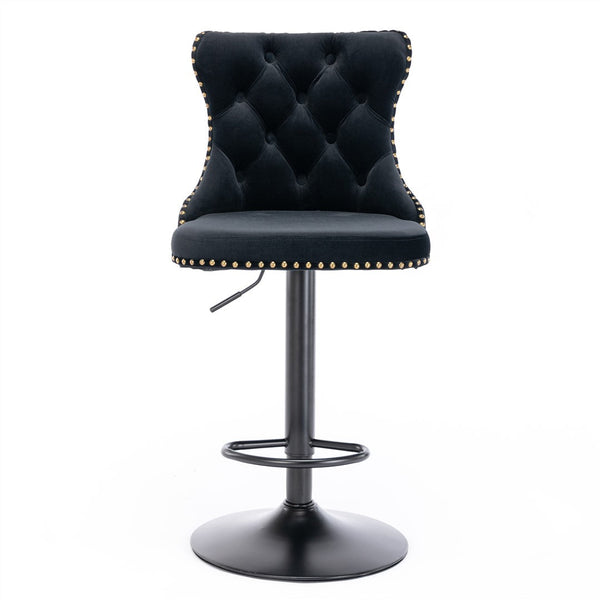 2x Height Adjustable Swivel Bar Stool Velvet Nailhead Barstool with Footrest Does not apply