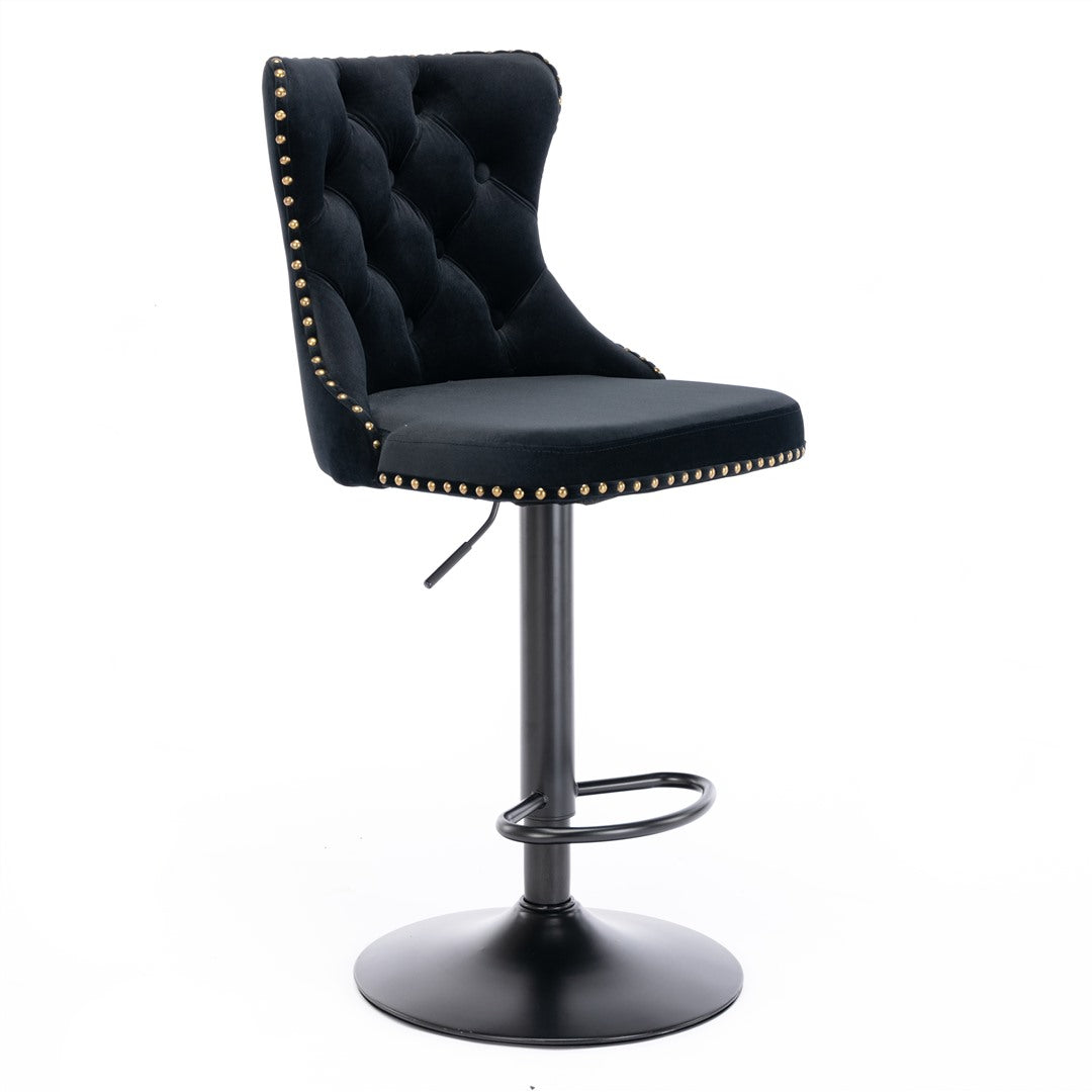 2x Height Adjustable Swivel Bar Stool Velvet Nailhead Barstool with Footrest Does not apply