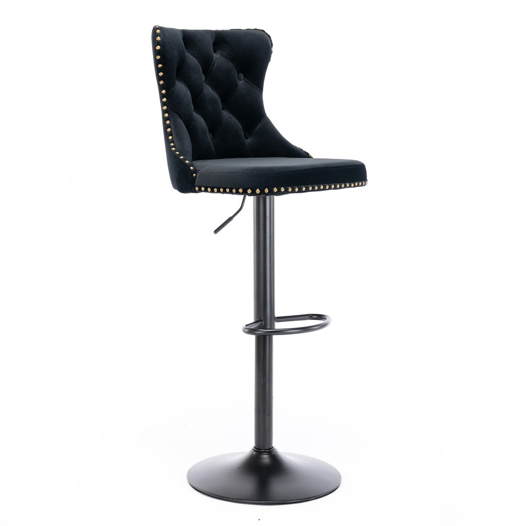 2x Height Adjustable Swivel Bar Stool Velvet Nailhead Barstool with Footrest Does not apply