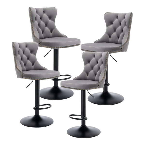 4x Height Adjustable Swivel Bar Stool Velvet Nailhead Barstool with Footrest Does not apply