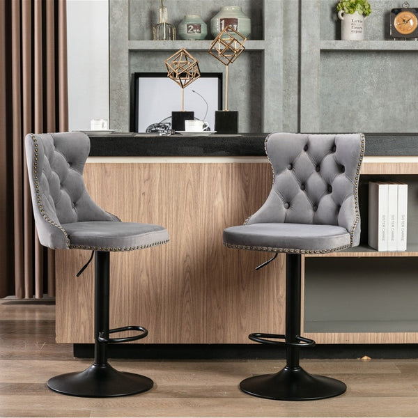 2x Height Adjustable Swivel Bar Stool Velvet Nailhead Barstool with Footrest Does not apply