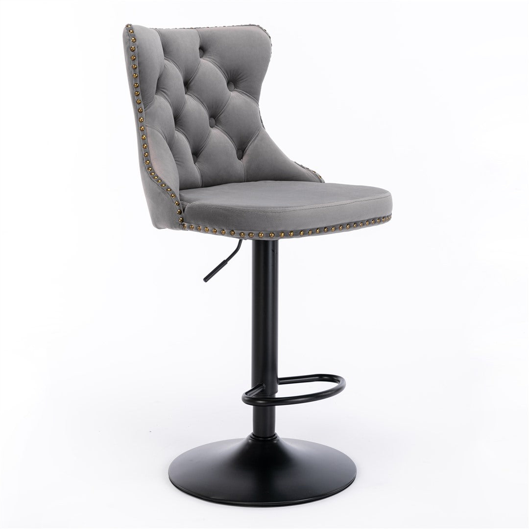 2x Height Adjustable Swivel Bar Stool Velvet Nailhead Barstool with Footrest Does not apply