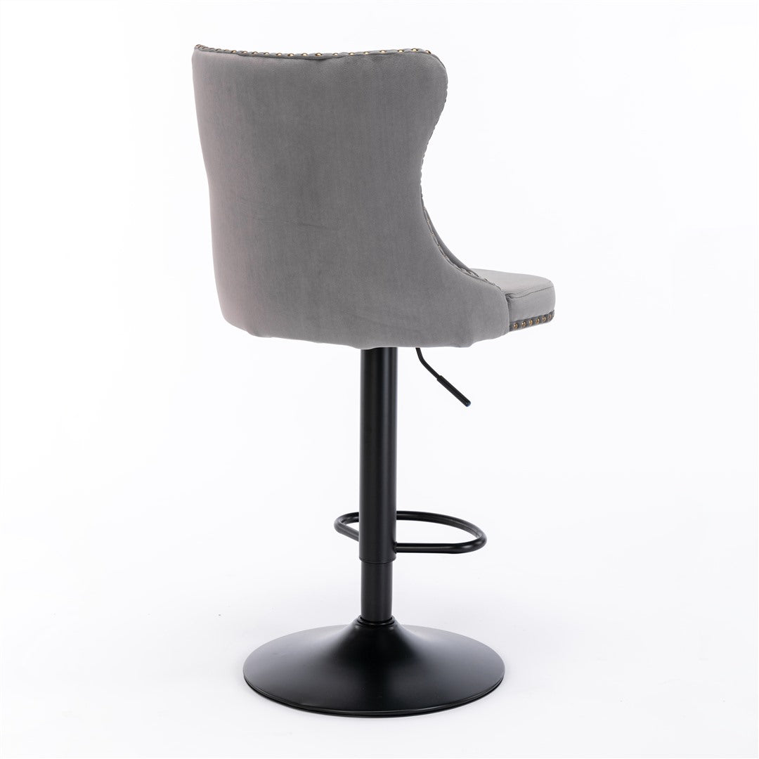 2x Height Adjustable Swivel Bar Stool Velvet Nailhead Barstool with Footrest Does not apply