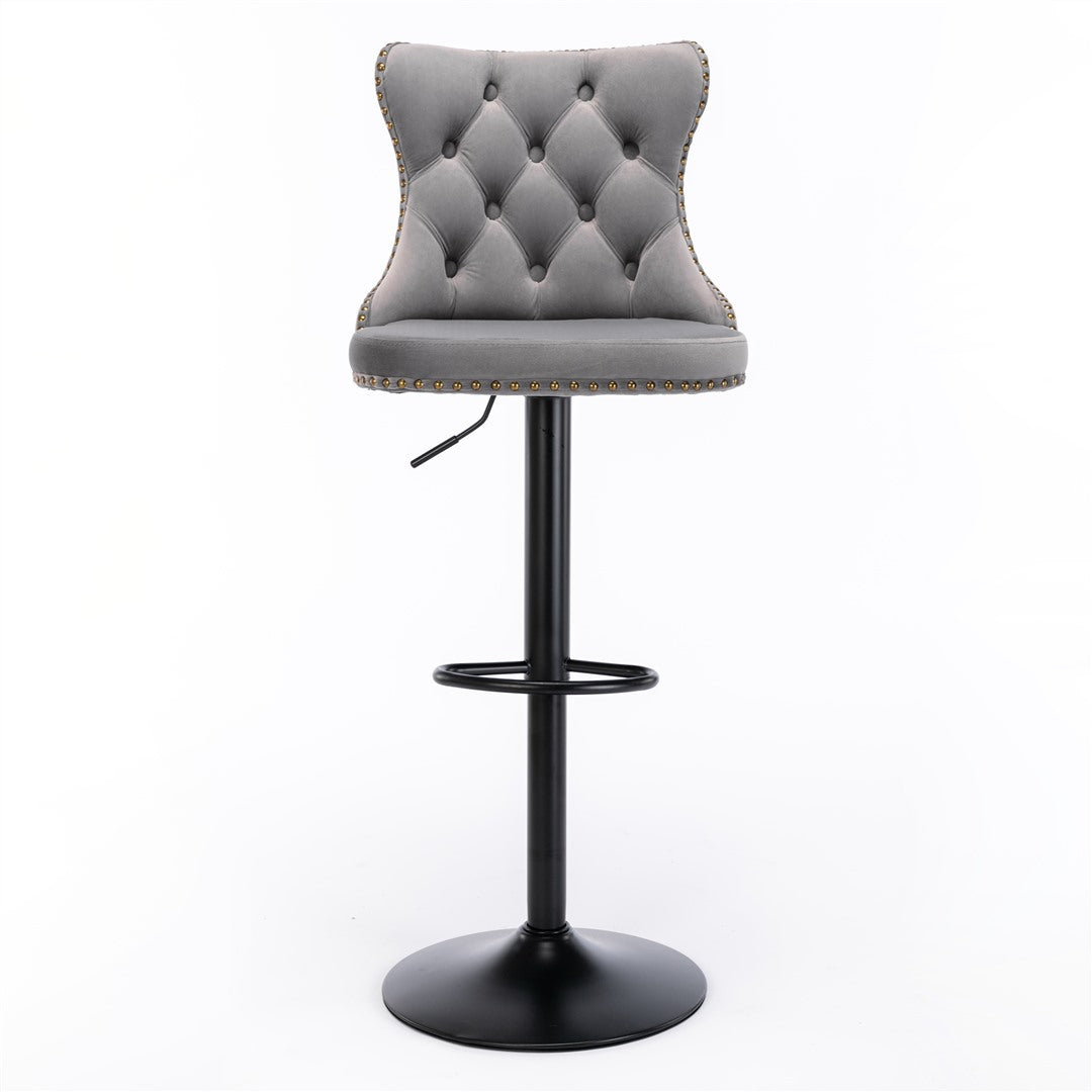2x Height Adjustable Swivel Bar Stool Velvet Nailhead Barstool with Footrest Does not apply