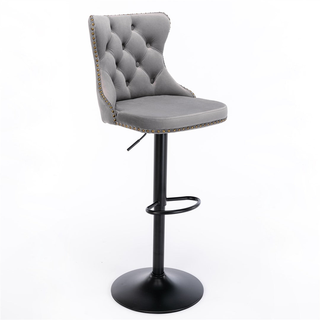 2x Height Adjustable Swivel Bar Stool Velvet Nailhead Barstool with Footrest Does not apply