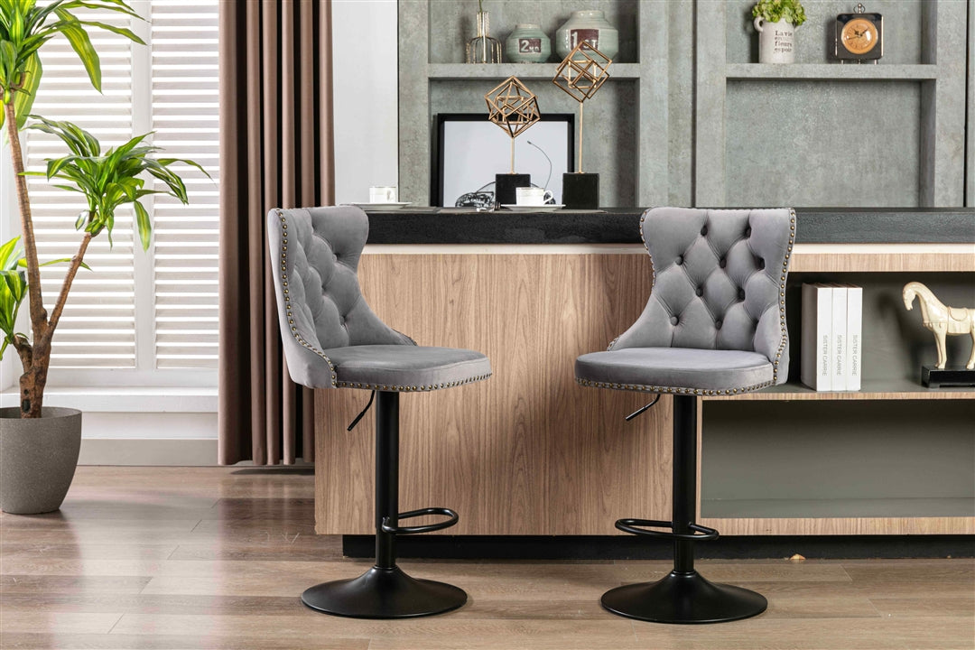 2x Height Adjustable Swivel Bar Stool Velvet Nailhead Barstool with Footrest Does not apply