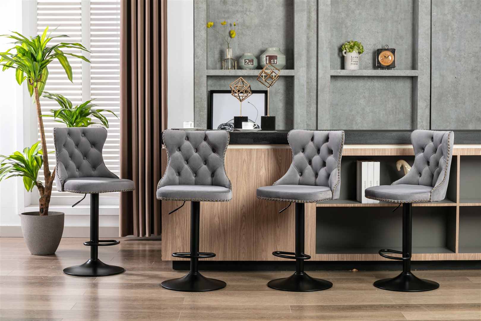 2x Height Adjustable Swivel Bar Stool Velvet Nailhead Barstool with Footrest Does not apply