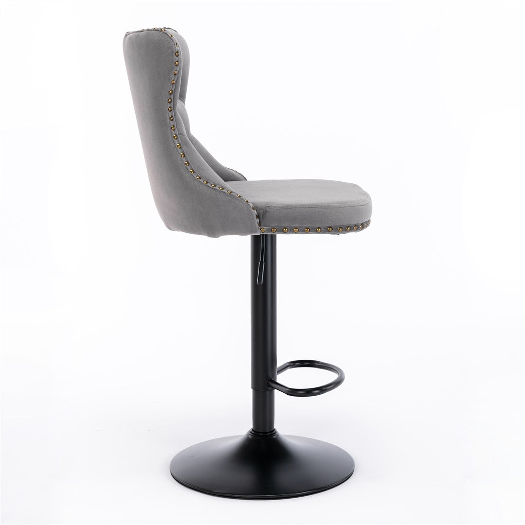 2x Height Adjustable Swivel Bar Stool Velvet Nailhead Barstool with Footrest Does not apply