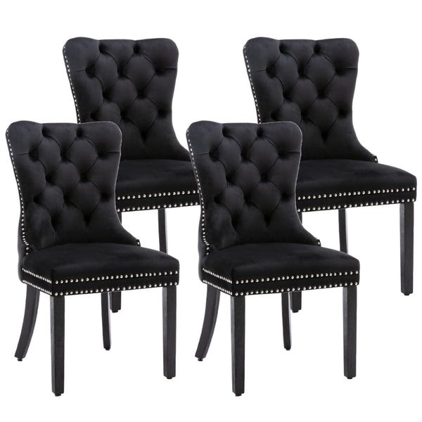 4x Velvet Dining Chairs Upholstered Tufted Kithcen Chair with Solid Wood Legs Stud Trim and Ring-Black Does not apply
