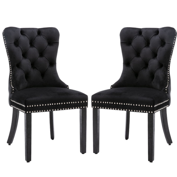 4x Velvet Dining Chairs Upholstered Tufted Kithcen Chair with Solid Wood Legs Stud Trim and Ring-Black Does not apply