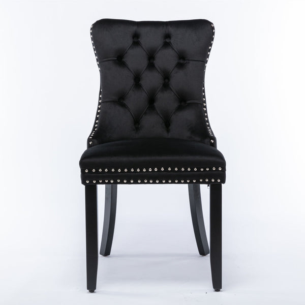 4x Velvet Dining Chairs Upholstered Tufted Kithcen Chair with Solid Wood Legs Stud Trim and Ring-Black Does not apply