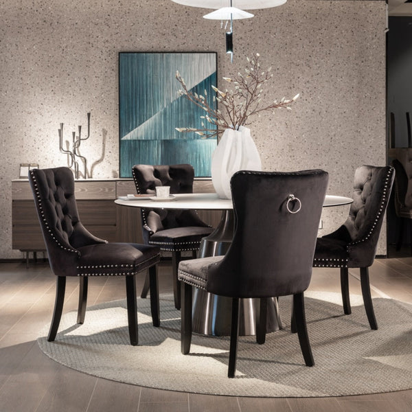 4x Velvet Dining Chairs Upholstered Tufted Kithcen Chair with Solid Wood Legs Stud Trim and Ring-Black Does not apply