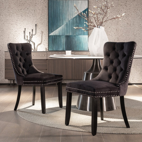 4x Velvet Dining Chairs Upholstered Tufted Kithcen Chair with Solid Wood Legs Stud Trim and Ring-Black Does not apply