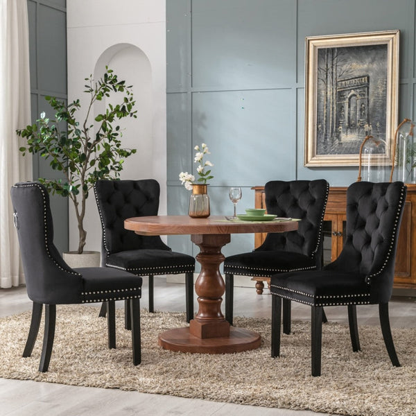 4x Velvet Dining Chairs Upholstered Tufted Kithcen Chair with Solid Wood Legs Stud Trim and Ring-Black Does not apply