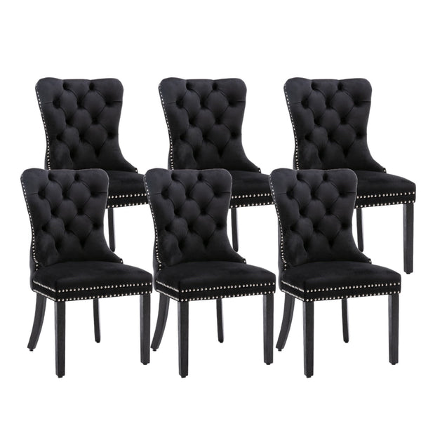 6x Velvet Dining Chairs Upholstered Tufted Kithcen Chair with Solid Wood Legs Stud Trim and Ring-Black Does not apply