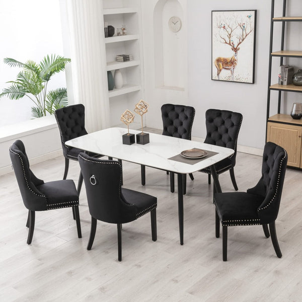 6x Velvet Dining Chairs Upholstered Tufted Kithcen Chair with Solid Wood Legs Stud Trim and Ring-Black Does not apply