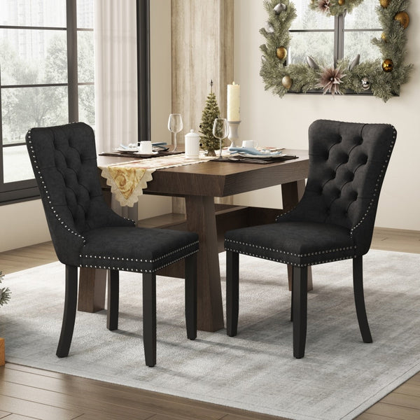 6x Velvet Dining Chairs Upholstered Tufted Kithcen Chair with Solid Wood Legs Stud Trim and Ring-Black Does not apply
