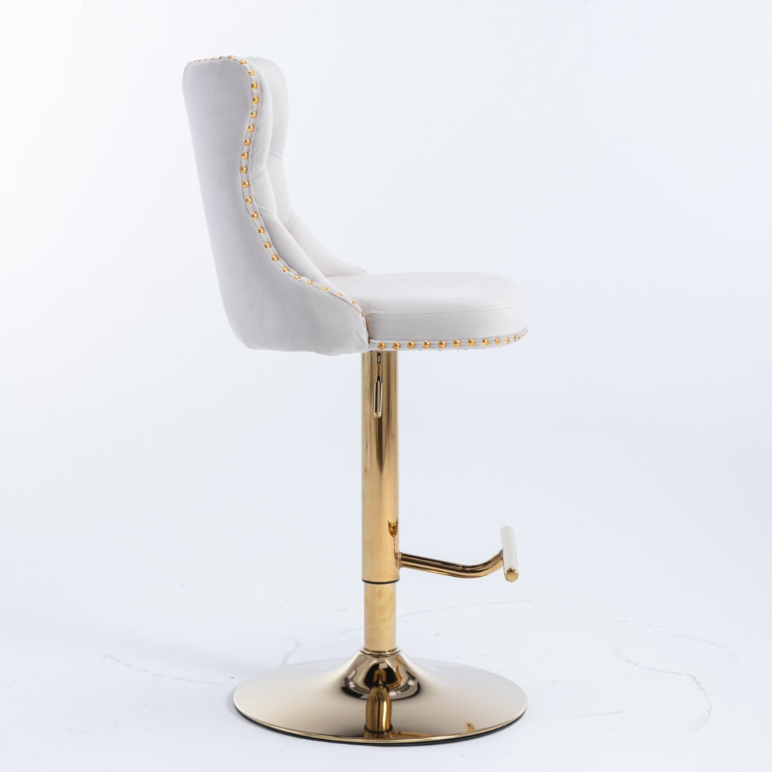 2x Height Adjustable Swivel Bar Stool Velvet Studs Barstool with Footrest and Golden Base- Beige Artiss