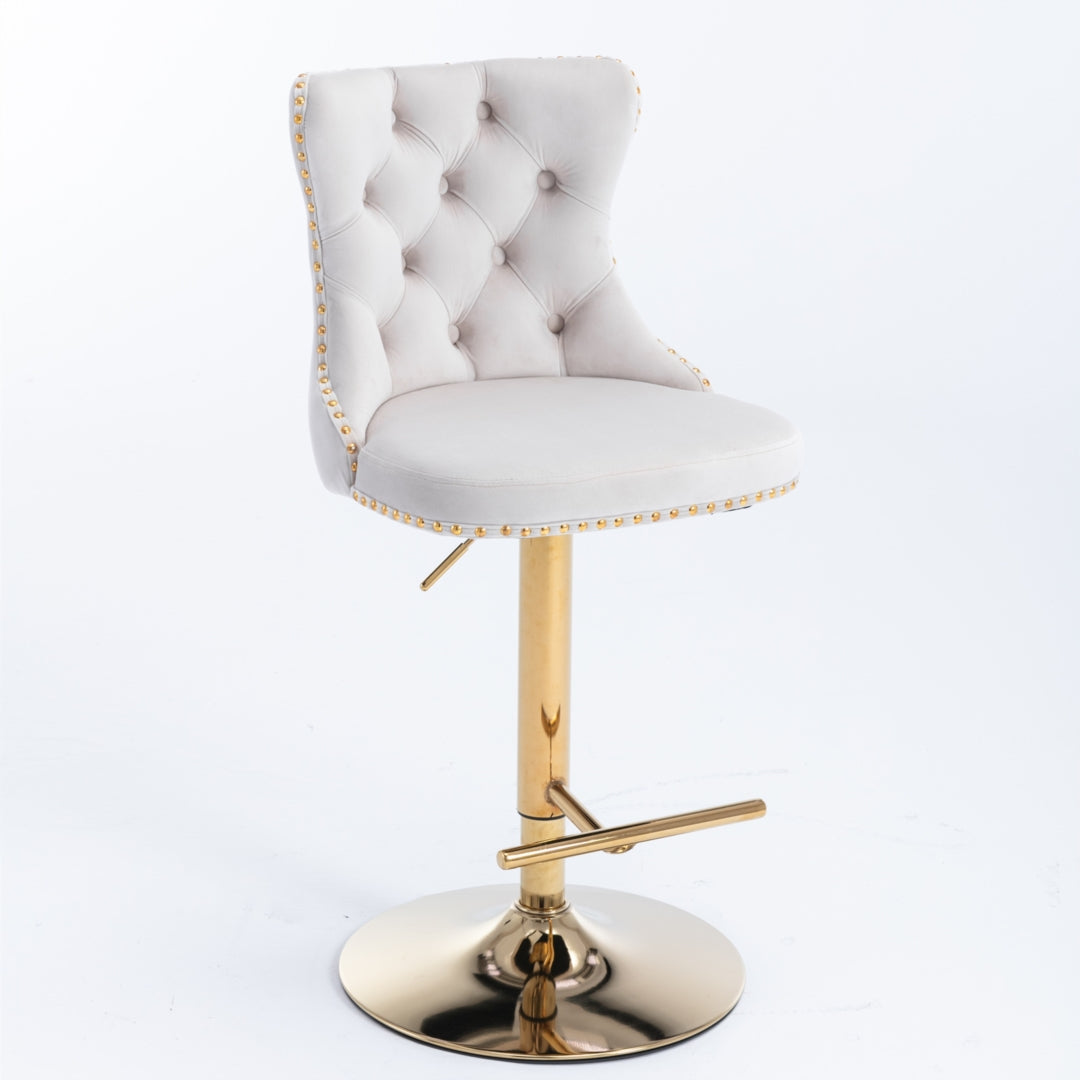 2x Height Adjustable Swivel Bar Stool Velvet Studs Barstool with Footrest and Golden Base- Beige Artiss