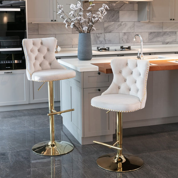 2x Height Adjustable Swivel Bar Stool Velvet Studs Barstool with Footrest and Golden Base- Beige Artiss