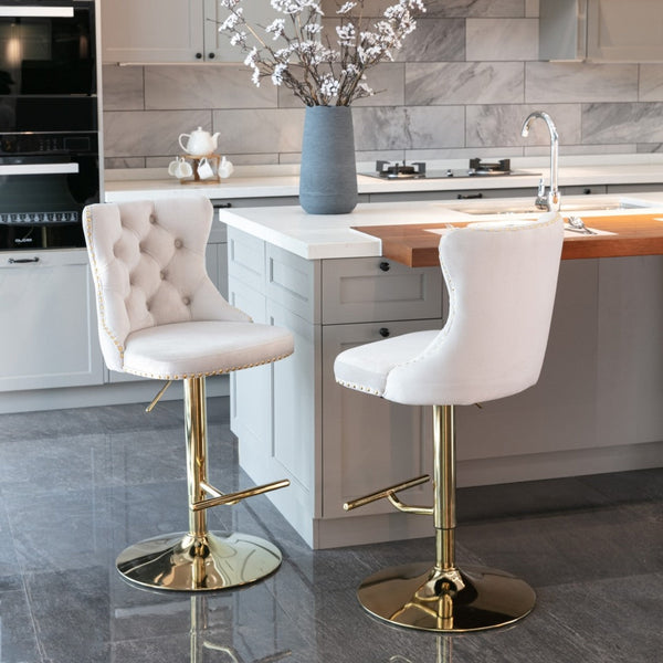2x Height Adjustable Swivel Bar Stool Velvet Studs Barstool with Footrest and Golden Base- Beige Artiss