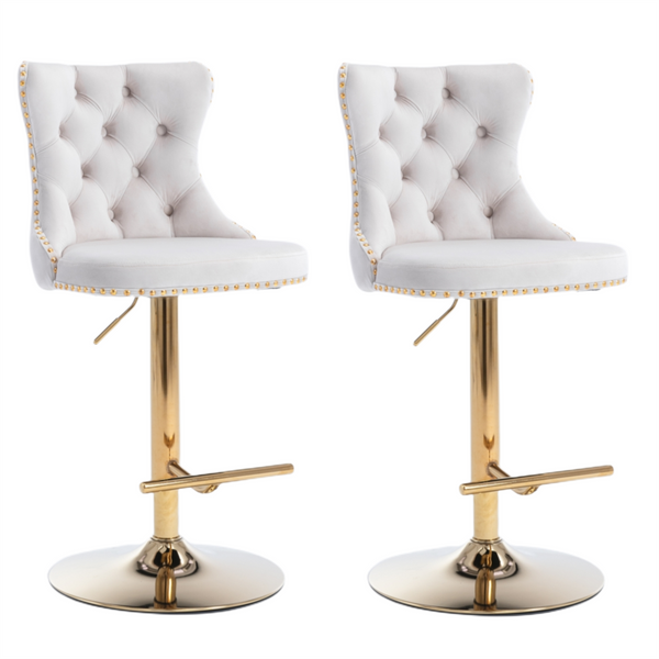 2x Height Adjustable Swivel Bar Stool Velvet Studs Barstool with Footrest and Golden Base- Beige Artiss