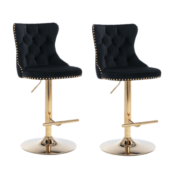 4x Height Adjustable Swivel Bar Stool Velvet Studs Barstool with Footrest and Golden Base- Black Does not apply
