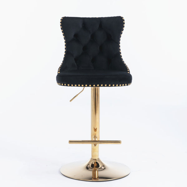 4x Height Adjustable Swivel Bar Stool Velvet Studs Barstool with Footrest and Golden Base- Black Does not apply