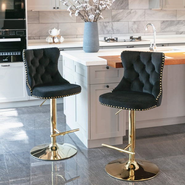 4x Height Adjustable Swivel Bar Stool Velvet Studs Barstool with Footrest and Golden Base- Black Does not apply
