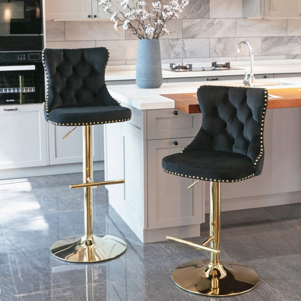 4x Height Adjustable Swivel Bar Stool Velvet Studs Barstool with Footrest and Golden Base- Black Does not apply