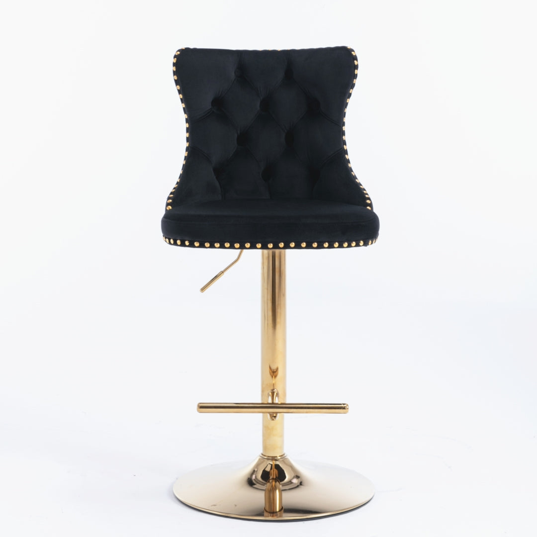 2x Height Adjustable Swivel Bar Stool Velvet Studs Barstool with Footrest and Golden Base- Black Does not apply
