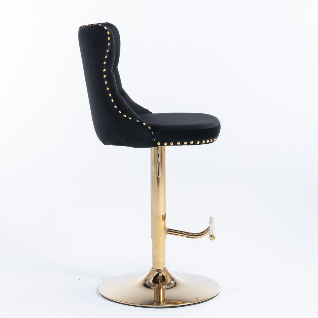2x Height Adjustable Swivel Bar Stool Velvet Studs Barstool with Footrest and Golden Base- Black Does not apply