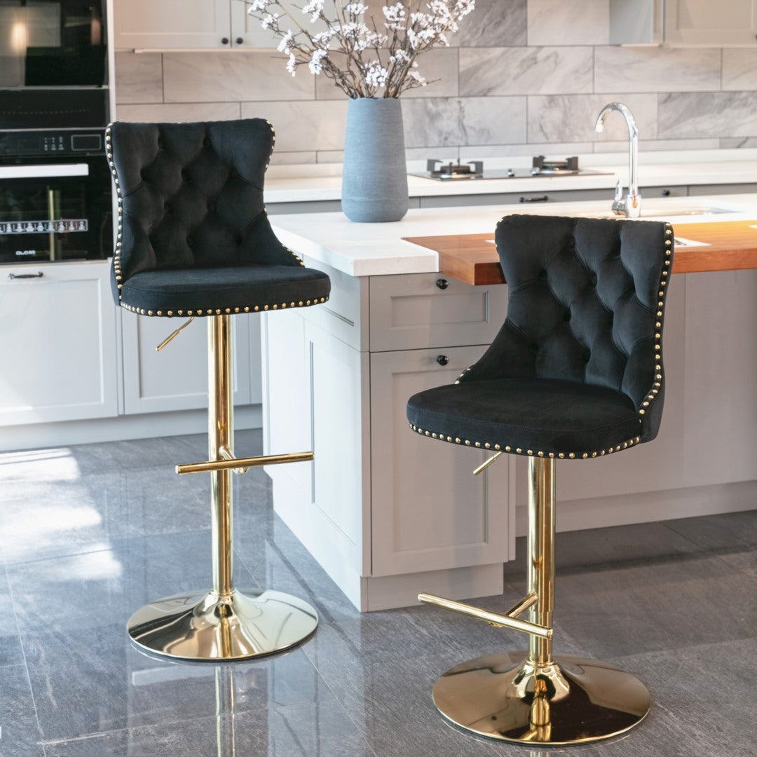 2x Height Adjustable Swivel Bar Stool Velvet Studs Barstool with Footrest and Golden Base- Black Does not apply