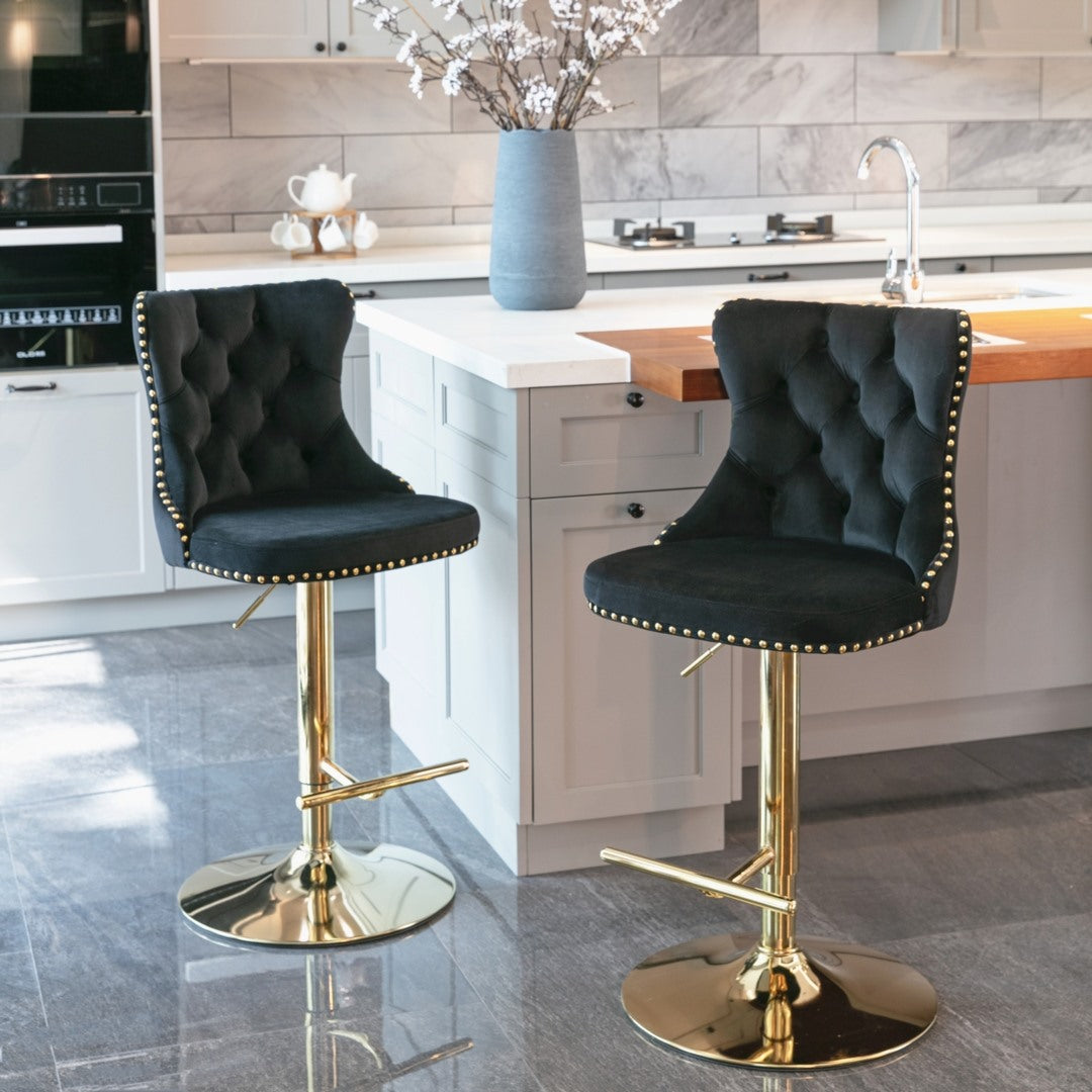 2x Height Adjustable Swivel Bar Stool Velvet Studs Barstool with Footrest and Golden Base- Black Does not apply